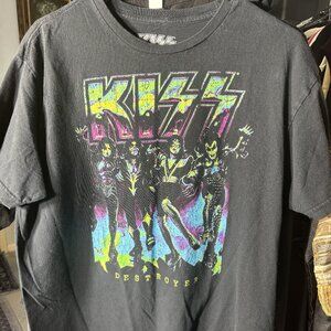 Kiss Neon-Look Black w Graphic Print 100% Cotton Tee T-Shirt SZ Large